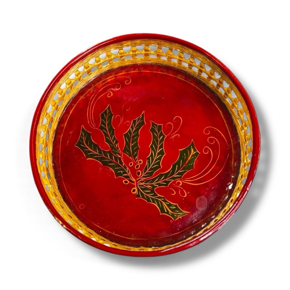 Vintage Christmas Holiday Serving Tray Basket Holly Leaves Wicker Rattan Red